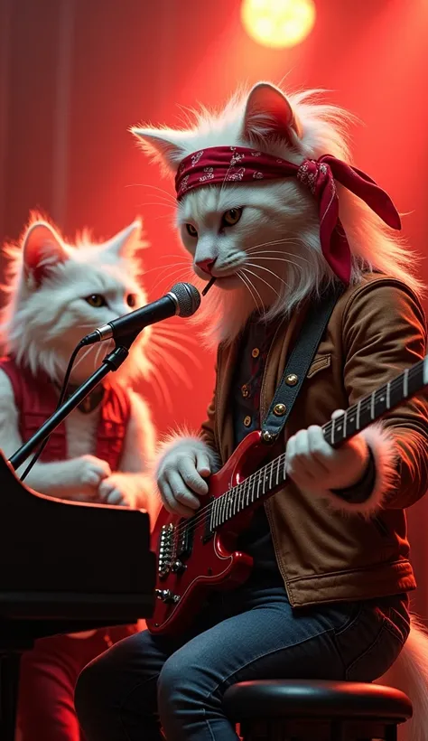 "3 humanoid rocker cats with long white fur. The first character is playing the piano while singing in front of a microphone. The cat is wearing a red bandana on his head. With wild hair hanging in all directions, giving a wild and energetic impression. He...