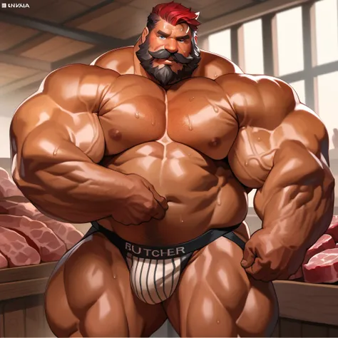 solo, 1boy, huge Muscular (old man, wrinkles skin:1.2, old), portrait, butcher, jockstrap, wide shoulder, thick arms, huge muscular old man, very huge pectoral, red hair, black beard, short hair, mustache, thick mustache, standing, market, meat, look at vi...