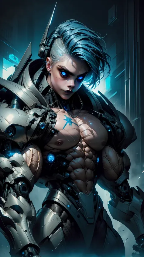 (1 girl), (Cara delevingne:1.25), beautiful teenage muscular goth cyborg androgyn, (black sclera:1.25), (blue glowing eyes:1.25), (blue glowing body veins:1.25),(((muscular bodybuilder physique:1.45))), ((((extreme muscular hypertrophy:1.25)))), (flat musc...