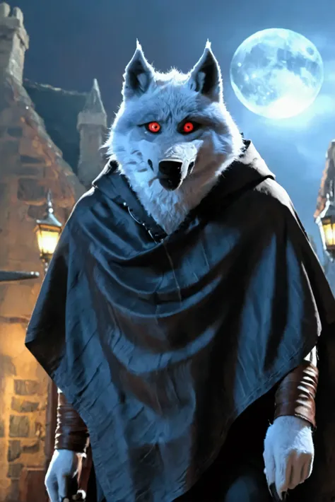 Dynamic angle, dynamic posture,  plump youth wolf man, wolf furry, Only black cape and tight shorts, male focused,  beautiful beard, Sharp eyes,male face, big face, square jawline, male eyes, big eyes, male eyebrows, furry body, outdoor, blue moon, masterp...