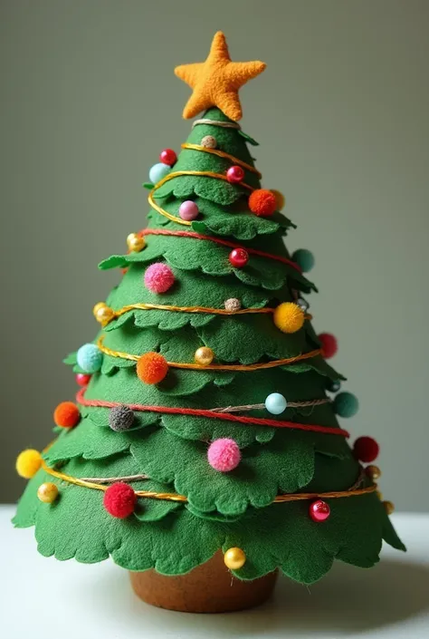  I need a Christmas tree toy made of . Green fabric ,  threads and colorful beads .  I need a Christmas tree toy made of fabric {x} I need the work to look very natural, as if it were made by a person 