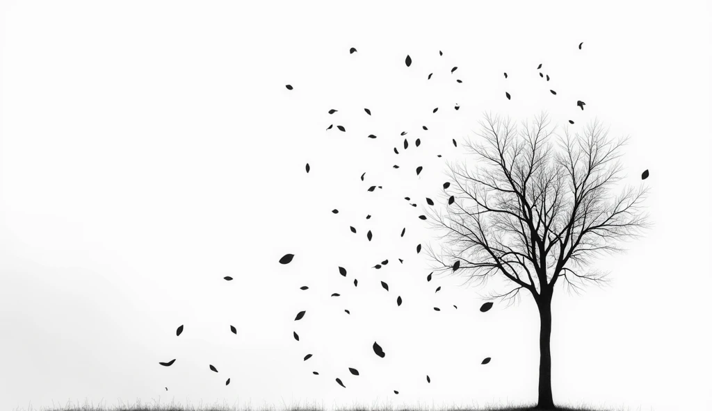  white background, there is a black tree and black leaves are falling from it, abstraction, 2k quality , detail 