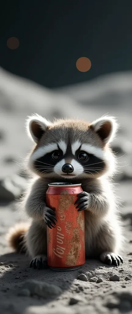 A photo of a fluffy baby raccoon holding a rusty Coca Cola can on the moons surface. The raccoon is sitting on lunar soil, surrounded by craters and rocky terrain. The background contains a few objects. The lighting is soft.