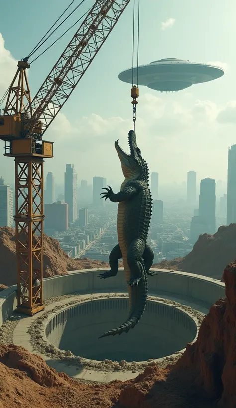  A crane on the left side of the image ,  is hoisting a large alligator into a round well under construction, In the background buildings and in the sky , an alien ship hovering in the air.