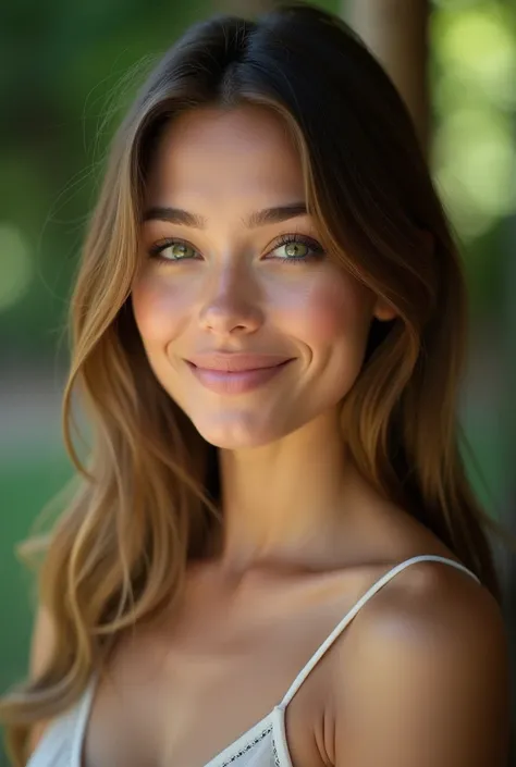 a woman from 30 to 40 years old beautiful skin light green eyes , straight brown hair  ,I want a photo focused on the face completely facing the camera  , a light smile looking at the camera photo to profile picture in a natural environment