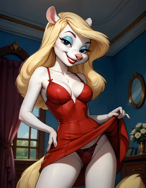 masterpiece,best quality, highly detailed, score_9, score_8_up, score_7_up, score_6_up,BREAK minerva mink, 1girl, white fur blonde hair, fluffy blonde tail, solo, black eyes, long hair, wearing a glittery red dress with a side cut, dress lift, panties show...