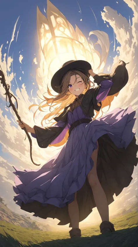 1 girl, (cute face), 18 years old, to many hairstyle, grimace, blush, large breasts, wearing fantasy game style witchs costume, (knee length:1.2), (skirt lifted by wind:1.2, blown by the wind:1.3),, show panties, witchs Hat, one eye closed, holding witchs ...