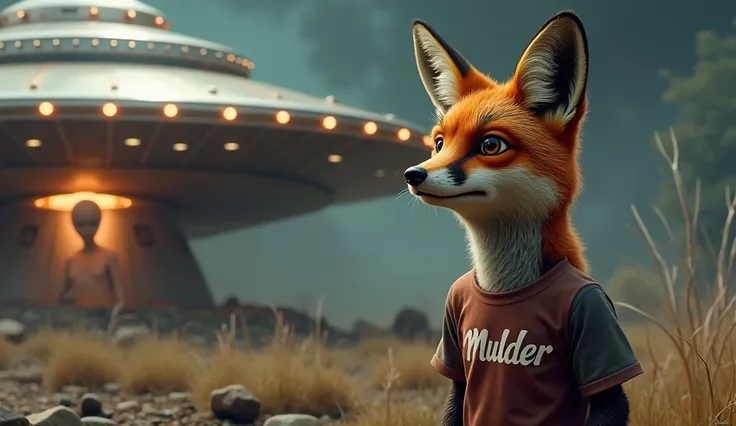 a fox anthropomorphized, wearing a t-shirt with "MULDER" written on it, with a large flying saucer landed just behind in the background, a Grey Alien emerging from the saucer, intricate details, cinematic lighting, hyperrealistic, 4k, award winning, dramat...