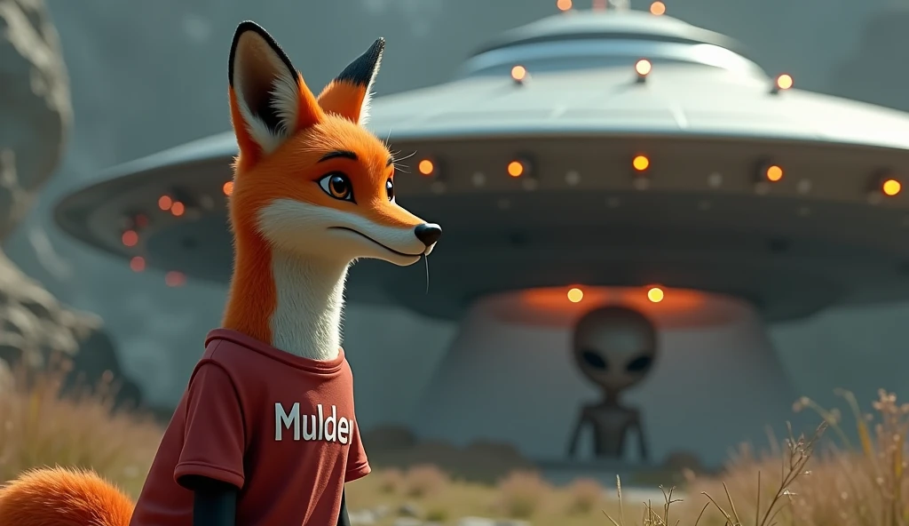 a fox anthropomorphized, wearing a t-shirt with "MULDER" written on it, with a large flying saucer landed just behind in the background, a Grey Alien emerging from the saucer, intricate details, cinematic lighting, hyperrealistic, 4k, award winning, dramat...