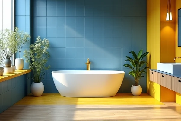 Generate an a image of stylish Bathroom in "Blue and yellow" color with  "Bathtub" make a full image of the room.