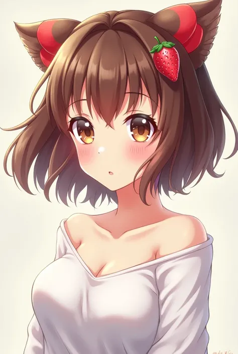 Anime girl with short brown hair with red tufts ,  a strawberry brooch in her hair with a low-cut white shirt and round lenses 