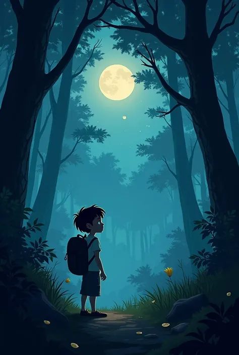 Village boy at night in the forest