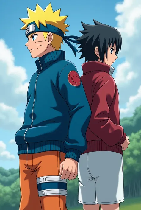 Naruto uzumaki and Sasuke Uchiha in a blue sweater and white shorts first season of naruto anime