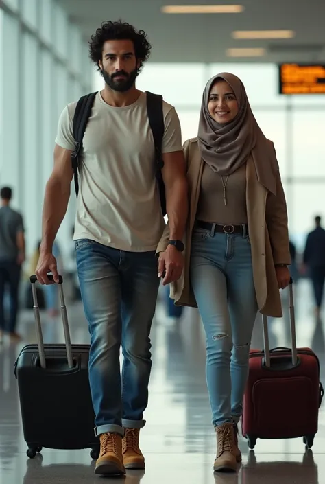 A handsome man wearing tshirt and old jeans. Real  Timberland boots. Clean face. Olive skin and black hair. Big and beautiful eyes. Sexy lips. Happy smile. Nice body. Beautiful girl full hijab beside him. Look at camera. Front of camera. At airport. Walkin...