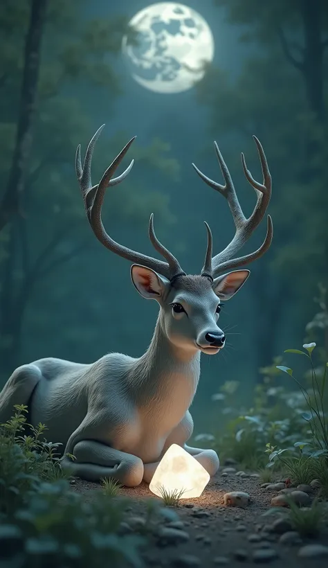 Deer and moonstone crystal piece on ground in one frame. 