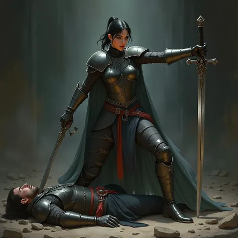  woman dressed as a paladin,  she has her hair tied and is holding a sword, She with a sword stuck on a man  