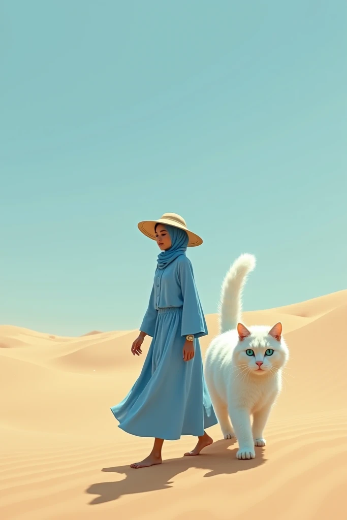 Woman in hijab wearing blue shirt graceful hat water walking in desert with fluffy fluffy fluffy giant cat soft white blue eyed cotton