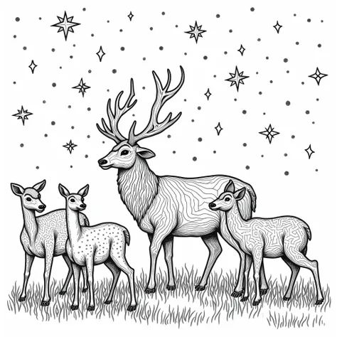 A herd of deer grazing under a canopy of stars with pattern inside of it, full of line, so many line in the design, many design inside the bear adult coloring books, Thick line, No color, No shade, please dont use no black shade, make it realistic and comp...