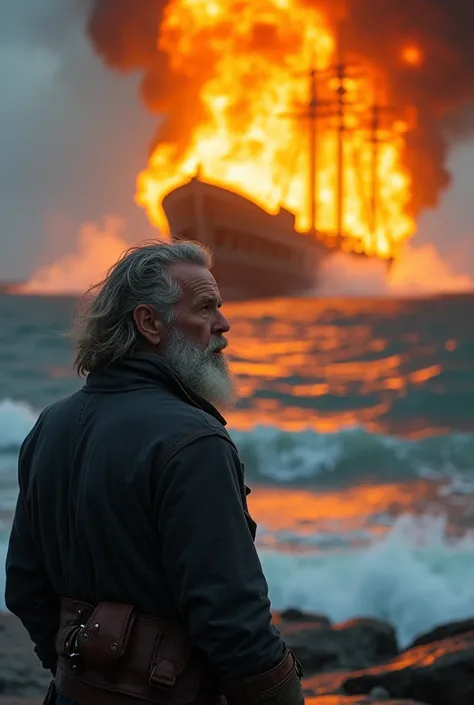 A man standing close to a burning ship, watching  the ship go into flames on a sea shore. Detailed. Ready for adventure