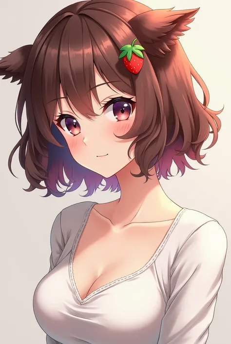 Anime girl with short brown hair with red tufts ,  a strawberry brooch in her hair with a low-cut white shirt and round lenses 