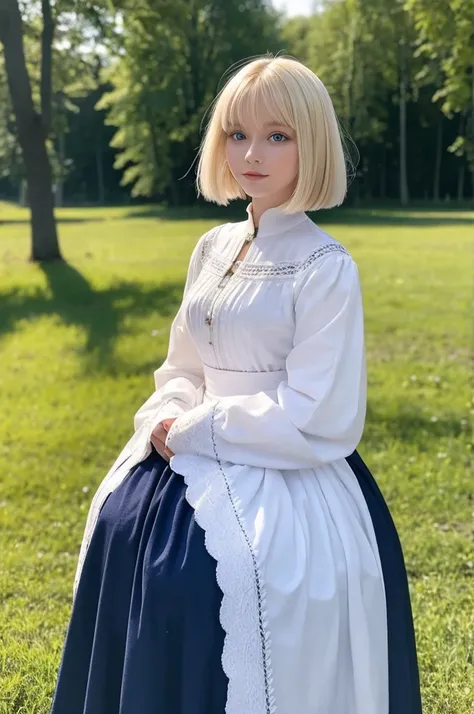 Beautiful woman, 18 years, Estonia 🇪🇪, blonde, dressed in traditional clothing white blue black,bob haircut