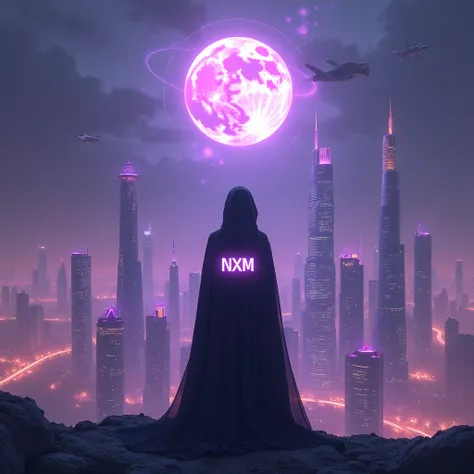 Futuristic city with glowing skyscrapers, floating buildings, and advanced technology like flying cars and holograms. A mysterious woman in all-black attire, resembling a witch, with her face partially hidden by a hood or veil, stands in the foreground, NX...