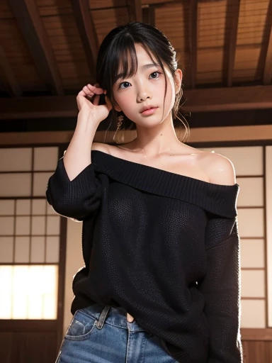 cowboy shot, Scary look, (Scary look), ((Scary look)), (((Scary look))),   off shoulder sweater,((())), no makeup in the coal mine, high definition , professional photo shoot, high definition , small breasts,, slim,  Taken from the Japanese-style roomのtata...