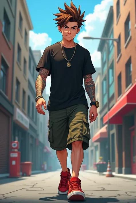 Anime, 3d anime, gangster, male 25 years old, cool hair, brown hair, piercing, annoying face, full hand tattoo, wear black t-shirt, wear army short, wear red nike shoes, walking pose, city background, full body picture