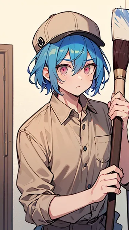 (( A man with blue hair and pink eyes)),(( wearing a blue painter hat )),((Im wearing beige painter clothes)),((He is holding a brush )),bangs, hair between eyes