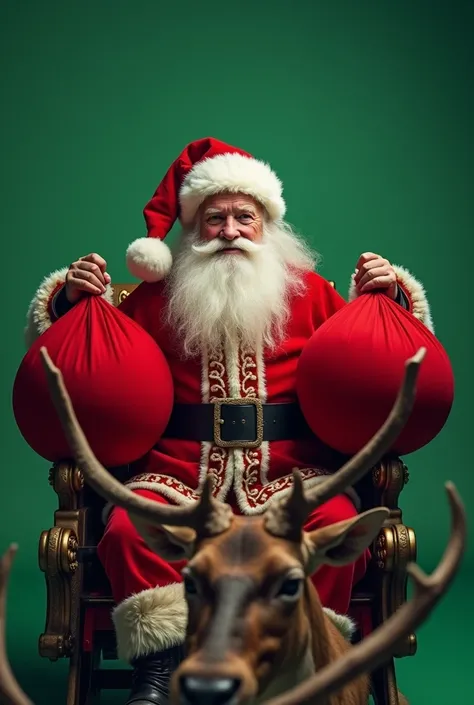 (photorealism:1.2),  Create an elderly bearded Santa Claus dress holding two large red bags in each hand. Santa Claus is sitting on the sleigh being pulled by deer and is facing the spectator. The background of the image is green cromakey repeat this image...