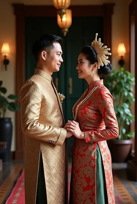 A 28-year-old man ,  prewedding wearing Indonesian traditional dress , seorang wanita  prewedding wearing Indonesian traditional dress ,  poses hand in hand looking at , home background