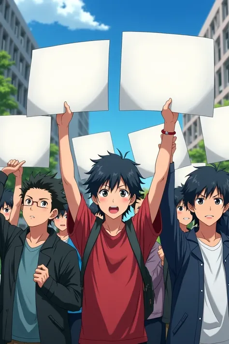 anime men, protesting with blank signs 