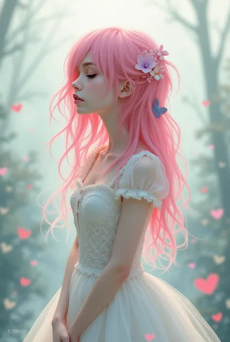  watercolor,  gothic lolita,  pink hair、 white dress、 eyes closed