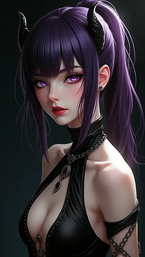 Create the image of a female character ,  she wears a white and black dress ,  she has purple hair tied in a ponytail ,  she has purple eyes she has red lipstick on her mouth,She has two horns coming out of her head ,Her skin is white ,  she is a character...