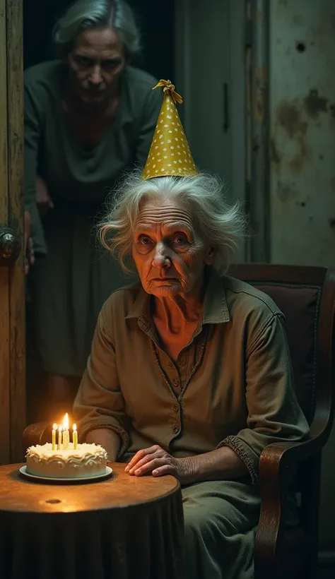  An elderly woman with messy white hair ,  is sitting on an old and worn chair in a room dimly lit by the yellowish glow of candles on the table.  reflecting neglect and the difficulties of Your life ,  her face with thin, flabby skin and a tired expressio...