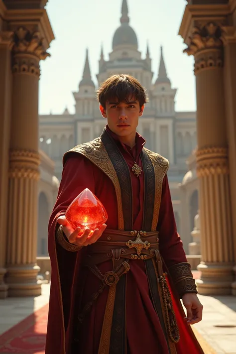 Prompt : The young man walked out of the palace, holding the red stone firmly in his hand.

