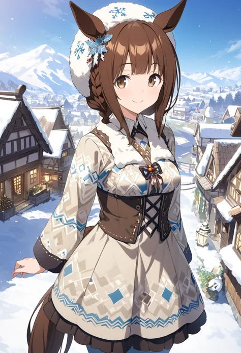  best quality、Horse Girl、Yukinobidin 、Round face、Slightly droopy eyes、細身の体、 small breasts、 horse ears and tail 、Braided Bob、 Brown Hair、Brown eyes、white and blue snow pattern costume、smile、Village with a snowy landscape 
