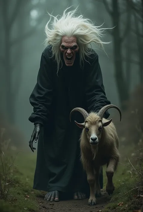 An ugly and diabolical witch. Lonely and white-haired. with his little son who has the body of a goat