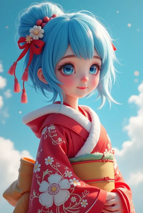 Caucasian girl, Sky blue haired ,  with red and white kimono, 