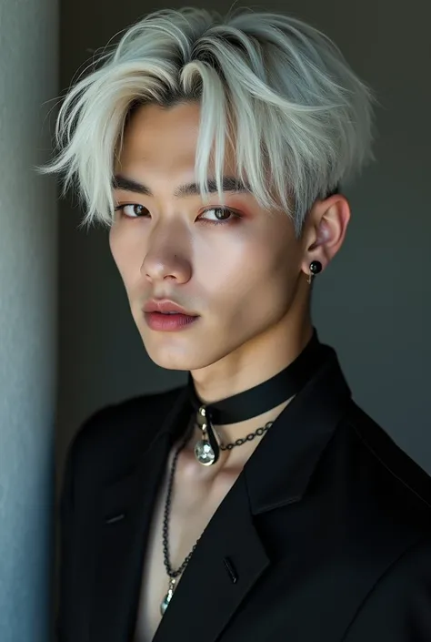 Asian man from Tokyo and Seoul with white ombre hair, black gothic outfit, black mascara, earring, shiny black ribbon choker necklace, brown  eyes, fair skin, ear piercing, moon tattoo on the neck. Face claim of a young man of 30 years old with crazy charm...