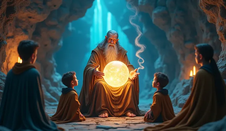 In 3D animation style: "A wise old sage in a mystical cave, holding a glowing crystal ball, offering guidance to the princes."