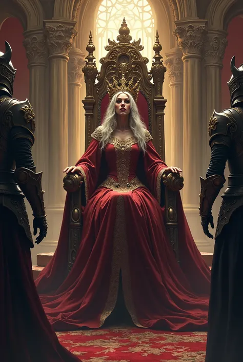 a queen in middle earth times, sitting on a throne, with a mad face, with guards on the left and right of her, in armor, soft lighting, very detailed, wide shot, anime style