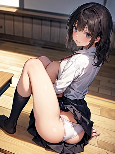 (nsfw),Backwards, Look back, back, Butt, Student Uniform,(Sit at a desk),No makeup,High resolution,Professional photos,High resolution,Small breasts,slim, Sit on a desk, Open your legs and show your panties,School classroom, Wearing white panties, a girl i...