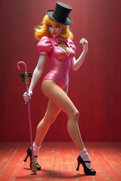 Princess Peach in a pink tuxedo leotard, pink bow, black top hat on her head, pink cane to tap dance with on her ands, with big thighs and big , lean body, black Mary Jane tap heels steels on the heels with black bows on top, with white socks, while tap da...