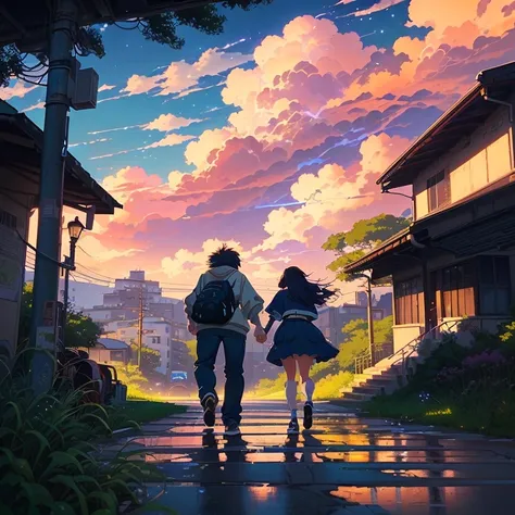 a couple of people walking down a street next to a building, makoto shinkai cyril rolando, lofi artstyle, lofi art, beautiful anime scene, centimeters away from my face, anime vibes, lofi vibes, in style of makoto shinkai, lofi, lofi feel, your name, ( ( m...