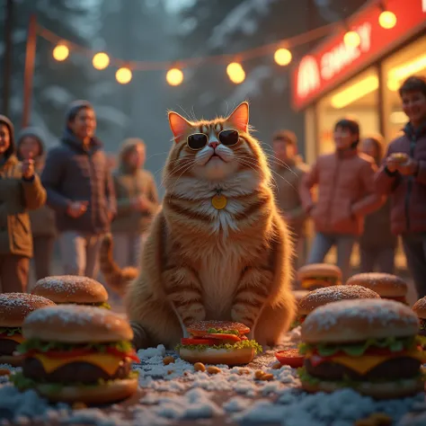  McDonalds、birthday party 、 lots of people celebrating 、 lots of hamburgers 、 fat cat wearing sunglasses laughing looking at it、Dark Forest　evening　Sparkling Eyes　 standing in the snow 　Realistic images　Generative AI