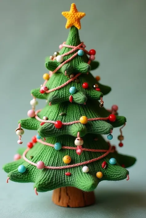  I need a Christmas tree toy made of . Green fabric ,  threads and colorful beads .  I need a Christmas tree toy made of fabric {x} I need the work to look very natural, as if it were made by a person 