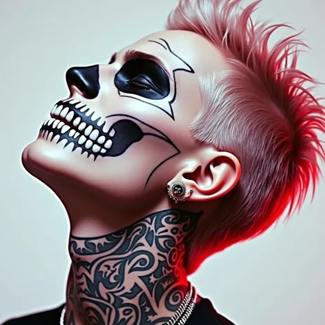  Realistic image Silver-dyed blond boy wearing skull makeup with tattoos on his neck, ear expansion , fondo blanco