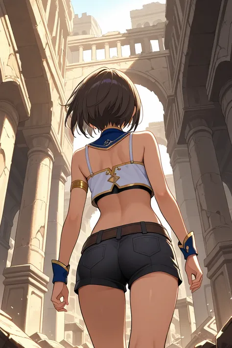 A female explorer is watching, Ancient City Ruins, cropped tops, short pants, back view from below,