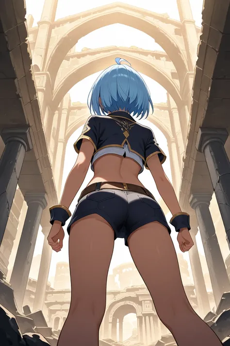 A female explorer is watching, Ancient City Ruins, cropped tops, short pants, back view from below,